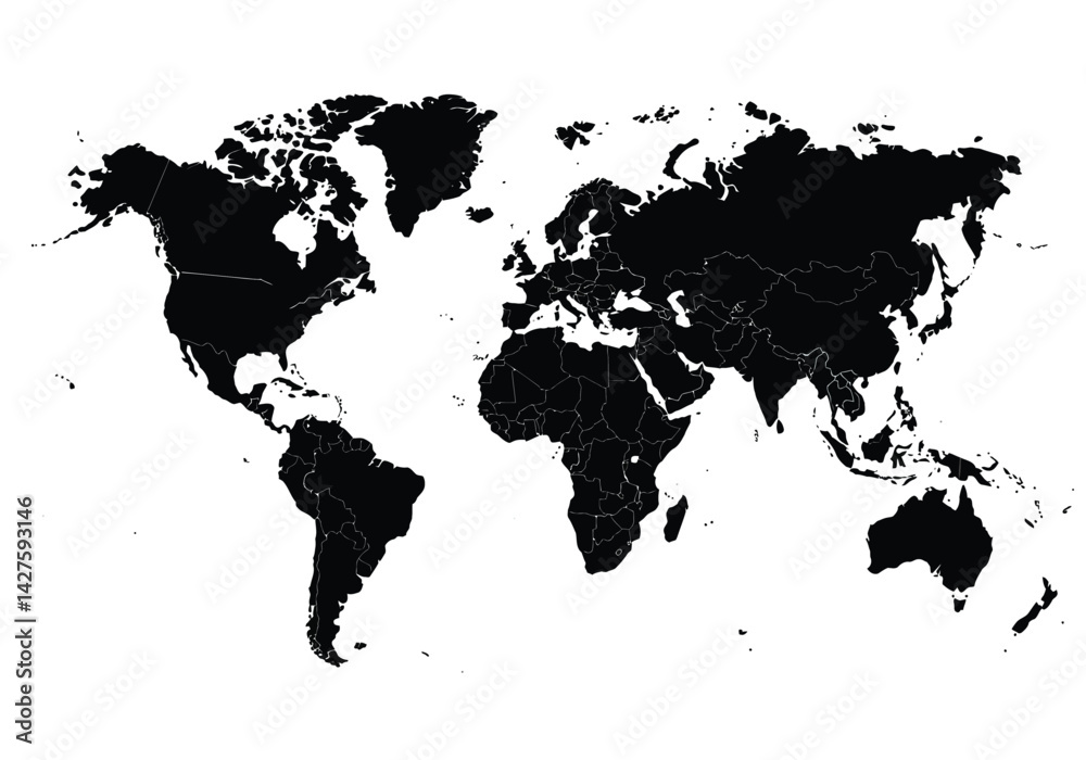 World country silhouettes. This image shows a world map with country borders highlighted in a clean and minimalistic black silhouette style. Vector clipart illustration design.