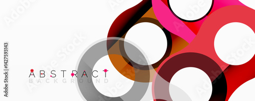 Abstract design features overlapping circles, varying shades red, pink, gray. Minimalist composition creates modern visual impact. Clean lines, simple shapes dominate.