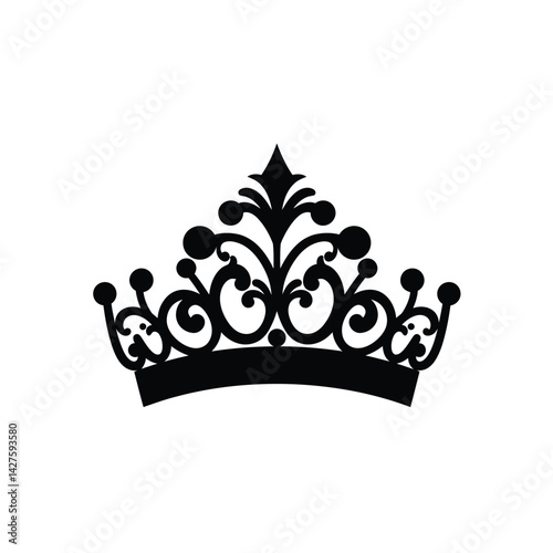 Cinderella crown silhouette. This image shows a black silhouette of a decorative crown with intricate swirls and circular elements. Vector clipart illustration design.