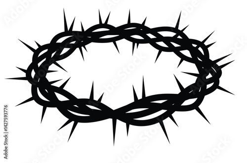 Crown of thorns silhouette. This image shows a black silhouette of a thorny crown, symbolizing suffering, sacrifice, and religious devotion in Christianity. Vector clipart illustration design.