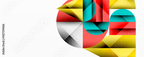 Geometric abstraction features vibrant rectangles, triangles forming partial circles. Bold colorsred, yellow, teal, graycreate dynamic composition. Modern design, clean lines dominate visual space.