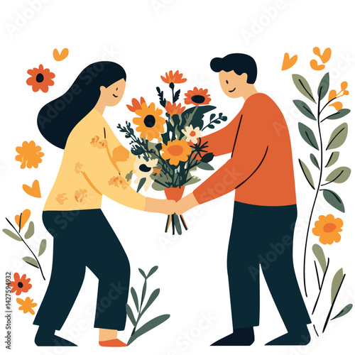 vector young couple with flowers