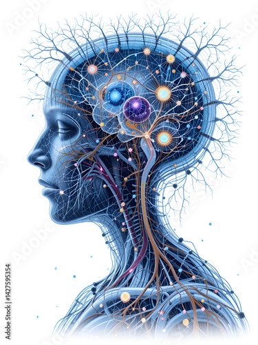 Detailed medical illustration of glial cells in the human nervous system, highlighting types like astrocytes and oligodendrocytes, isolated on white