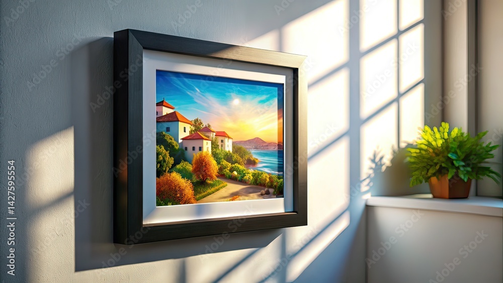 Fototapeta premium Tilt-Shift Black Frame Mockup on White Wall with Window Light