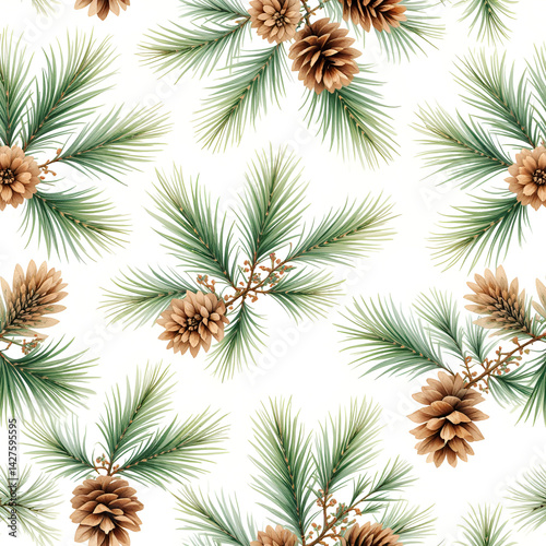 Minimalist watercolor pine branches and pinecones, soft green and brown tones, airy design, seamless pattern