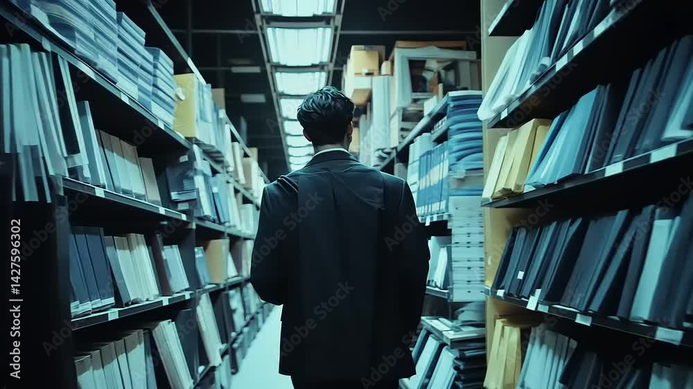 Man in a suit walking through a fabric store aisle, surrounded by various textiles and colors Man in a suit walking through a fabric store aisle, surrounded by various textiles and colors