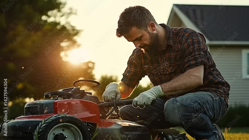Man repairing a lawn mower in a sunlit garden, with a house and trees in the background