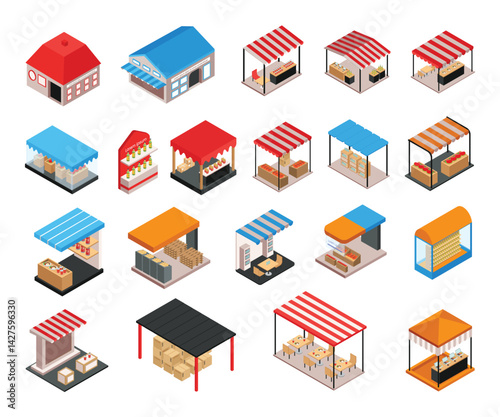 Vector Set of Tent Counter Isometric Illustration for Market or Event Booth Design