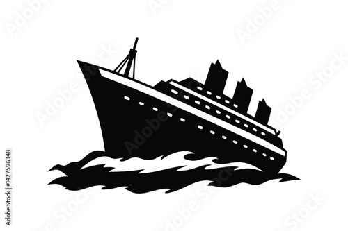 Sinking cruise ship sinking silhouette on white background