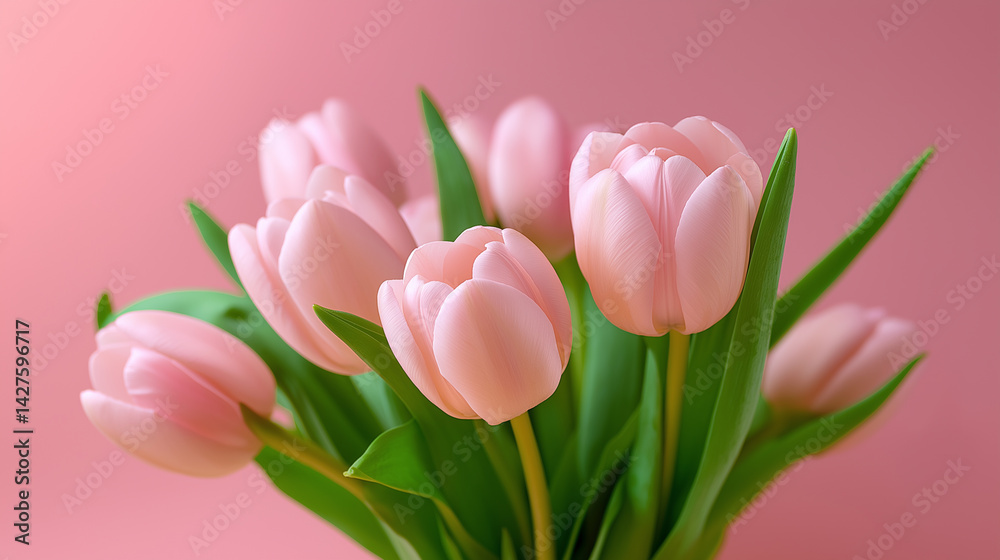 Fototapeta premium Bouquet of fresh pink tulips arranged on a matching pink background. 