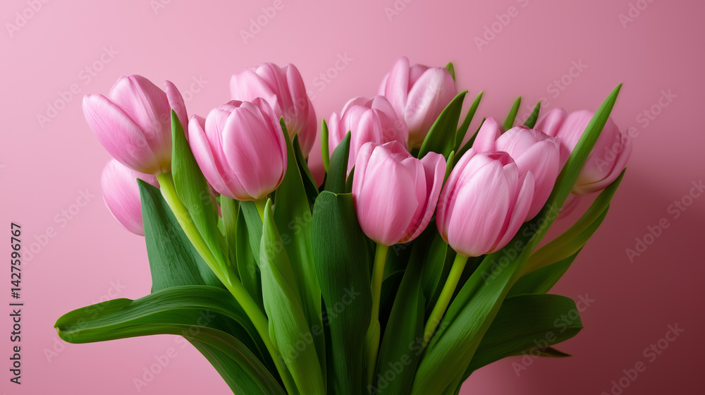 Obraz premium Bouquet of fresh pink tulips arranged on a matching pink background. 
