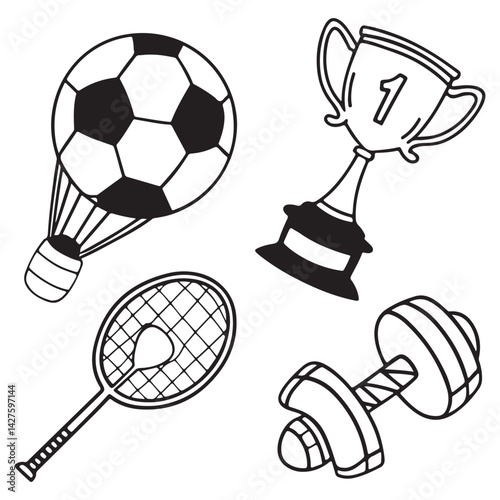 A set with sports equipment for exercises. Cross trainers, dumbbells, skipping rope, tennis racket, 
football, baseball, sports vector 