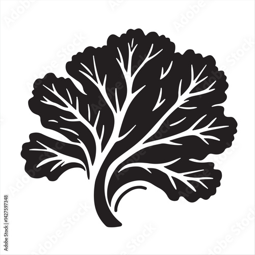 A modern flat design image, classic black and white, showcasing a minimalist silhouette of kale on a white background, emphasizing simple two-dimensional shapes and an elegant aesthetic