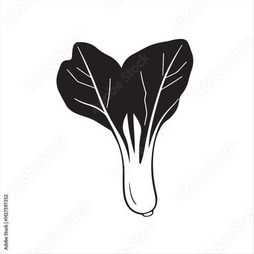 A simple, modern flat design illustration featuring a black and white silhouette of bok choy on a white background, emphasizing clean lines and two-dimensional shapes