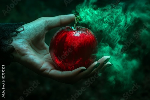 Old Witch's Hand Holding a Red Glass Apple with a Dark Green Poisonous Cloud Mist, Fairytale Concept