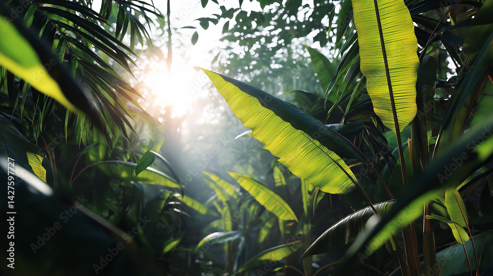 Sunlight filtering through lush green tropical leaves in a dense jungle setting.