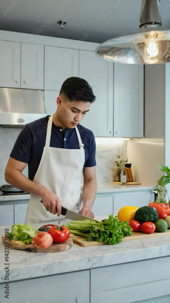 Man in apron chopping fresh vegetables on a marble countertop in a bright kitchen with celery and lettuce for a healthy meal Man in apron chopping fresh vegetables on a marble countertop in a bright kitchen with celery and lettuce for a healthy meal