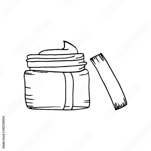 Small jar lotion skin care cosmetic product, hand-drawn vector with open lid.