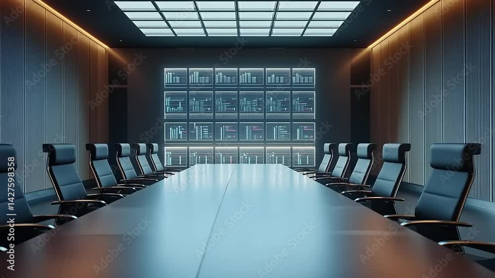 Modern conference room with a long table, sleek chairs, and digital screens displaying data