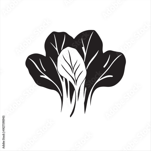 Modern flat design illustration, in classic black and white, featuring a clean, two-dimensional silhouette of bok choy on a white background, exuding timeless simplicity
