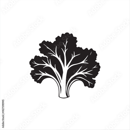 Modern flat design aesthetic a black and white silhouette of kale elegantly placed on a white background, utilizing only simple, two-dimensional shapes