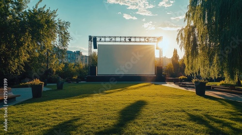 Sunset Outdoor Cinema Blank Screen in Park.