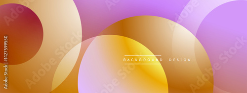 Abstract background features overlapping rounded shapes. Colors include orange, yellow, purple, beige. Gradient effects create soft transitions between forms. Minimalist design.