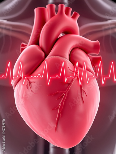 Heart stroke or attack with blood clot or thrombus and STEMI EKG 3D rendering illustration. Myocardial infarction, medicine, medical and healthcare, cardiovascular disease concepts.
