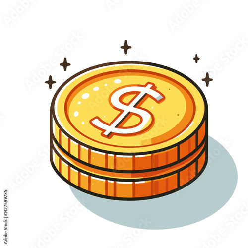Stack of gold dollar coins with currency symbol and sparkle effects. Ideal for finance illustrations, wealth concepts, and monetary value representations.