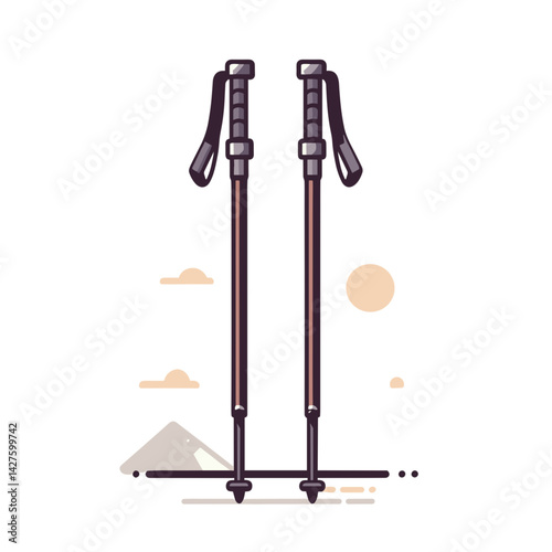 Hiking trekking poles in dark gray with mountain landscape background. Ideal for outdoor equipment, mountain activities, and hiking gear promotions.