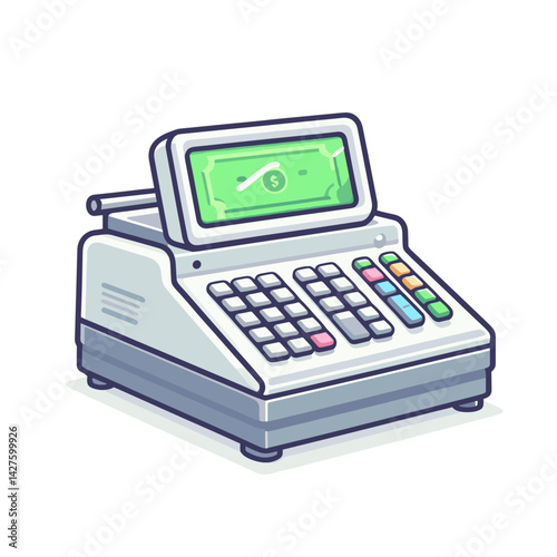 Cash register with digital display and keypad. Perfect for retail businesses, point of sale systems, and checkout counter equipment.