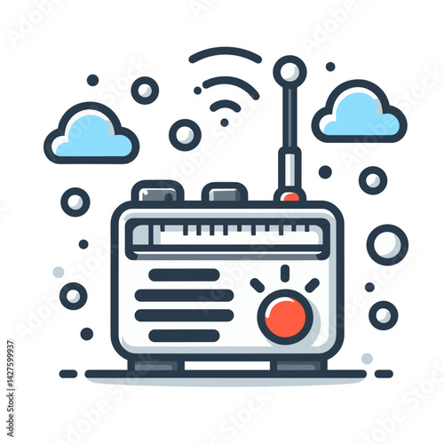 Radio receiver with antenna and signal waves. Perfect for communication technology, broadcast media, and wireless connectivity concepts.