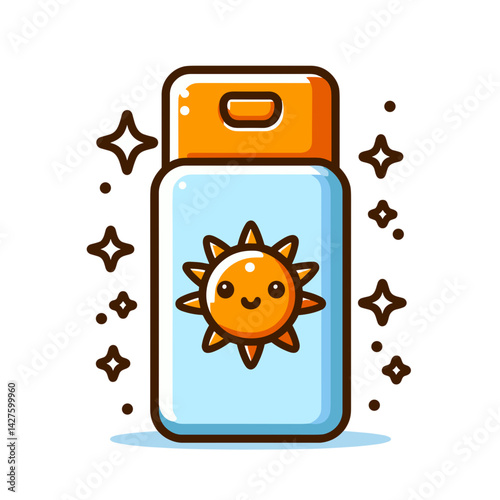 Sunscreen bottle with sun character and sparkle effects. Perfect for summer skin protection, beach essentials, and UV defense products.