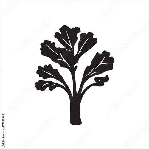 Simple two-dimensional black and white silhouette of kale on a white background, in a modern flat design style, exuding timeless elegance