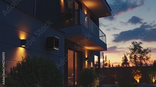 Smart Home Sunset Modern House Exterior at Dusk.