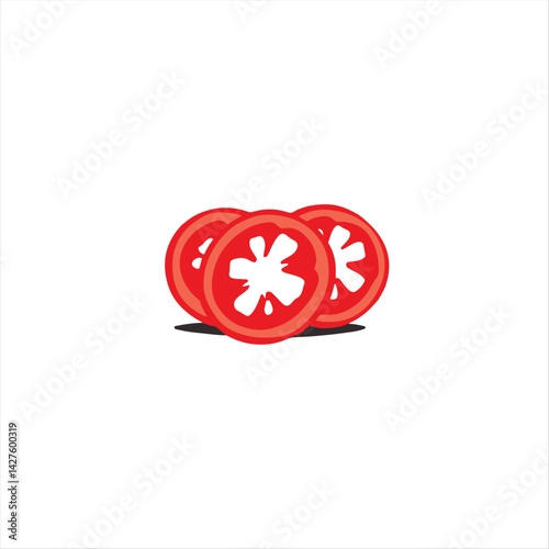 Simple, elegant, modern flat design.  Cross-sectioned tomato slices are rendered in a classic black and white silhouette, using only two-dimensional shapes against a white backdrop