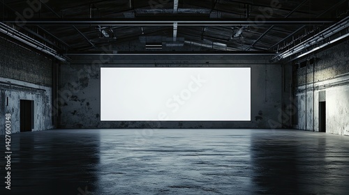 Blank Screen in Abandoned Factory with Industrial Interior Mockup.