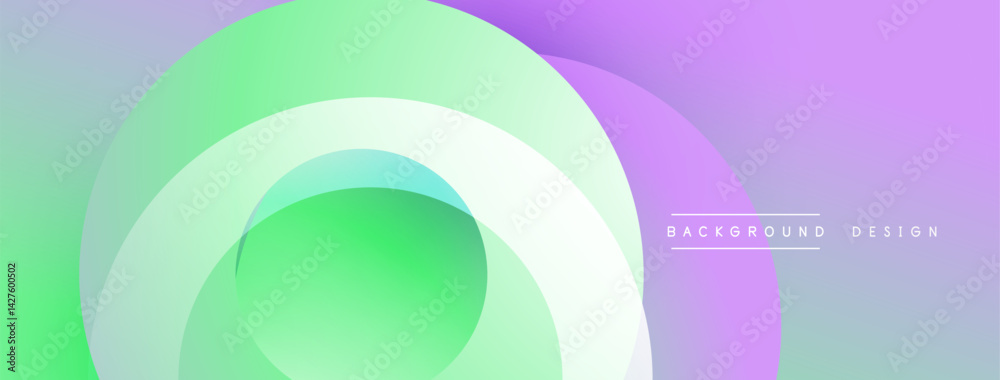Obraz premium Abstract background features layered circular shapes. Colors transition from green, turquoise to purple creating soft gradients. Minimalist design suitable for digital projects.