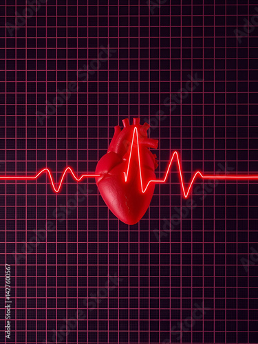 Red electrocardiogram line showing heart beating on transparent background