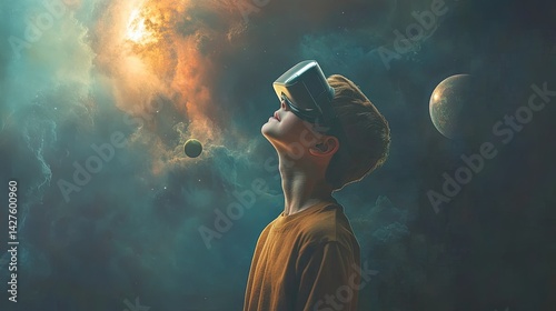 Boy Explores Virtual Cosmos VR Space Adventure.