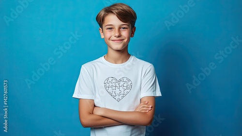 Happy Boy in Puzzle Heart TShirt with Studio Shot.