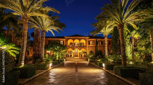 Mediterranean Villa Night Luxury Estate with Palm Trees, and Elegant Entrance.
