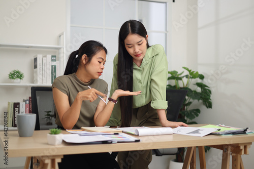 Portrait of Two female colleagues are working together in an office. A young woman is standing, talking and exchanging ideas with another colleague who is sitting.