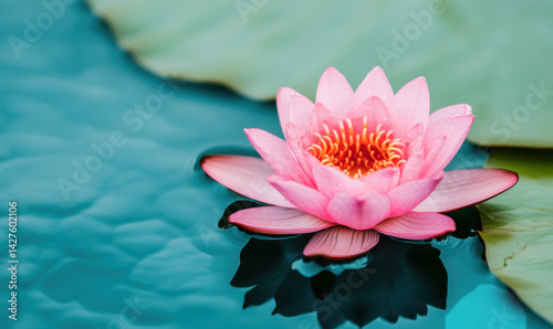 Pink Lotus Flower Floating on Water with Dew Drops and Lily Pads


