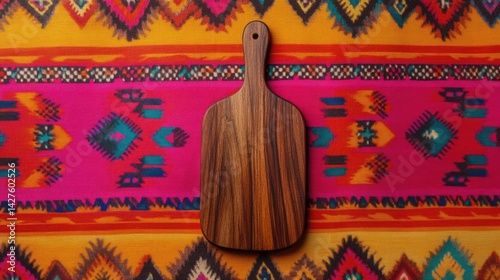 Rustic Wooden Cutting Board on Vibrant Textile.
