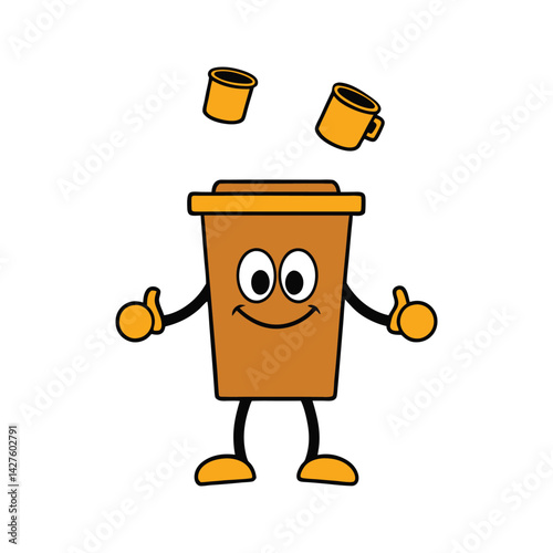 outline of a trash bin mascot juggling soda cans