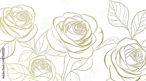 Fototapeta Naklejka Na Ścianę i Meble -  Elegant seamless gold rose line art pattern on a white background, featuring simple flat design in minimalistic linear vector style for high-resolution digital use.  
