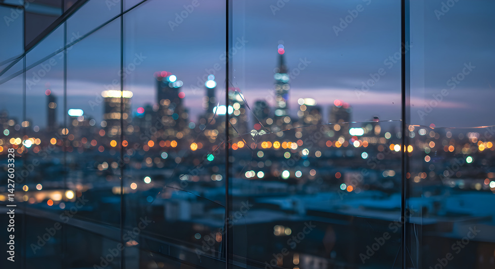 Fototapeta premium Panoramic Cityscape Reflected on Clean Windows in Urban Evening Setting