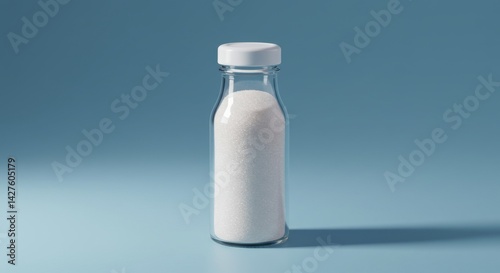 Bottle of White Granules on Blue Background