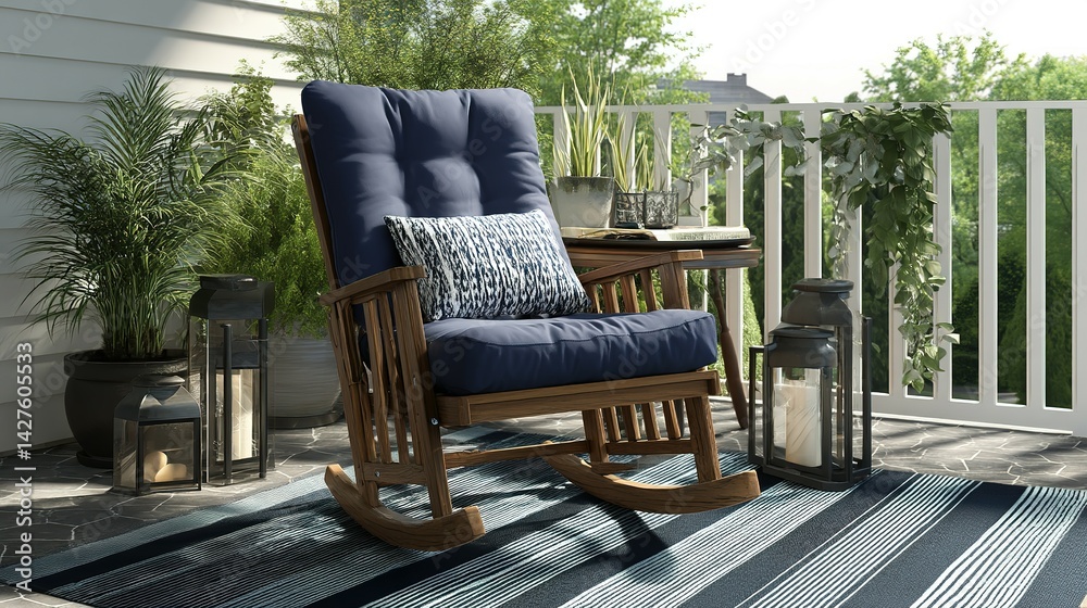 Fototapeta premium Comfortable wooden rocking chair on a patio, perfect for relaxation.